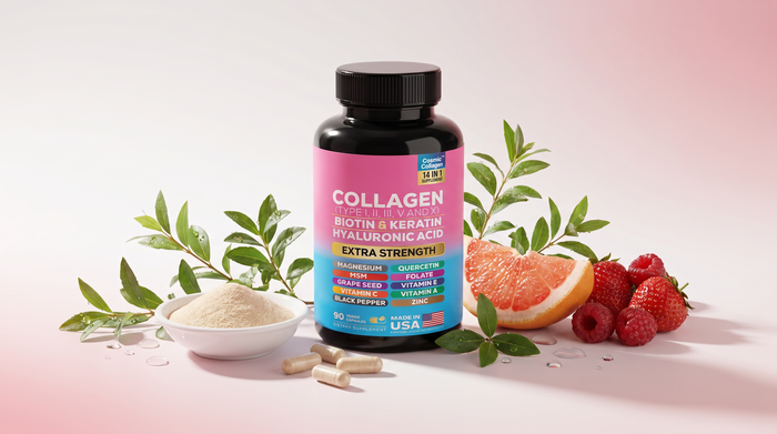 14 ingredients of the collagen formula arranged around the bottle