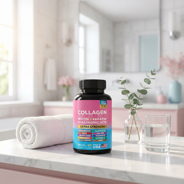 Collagen bottle on a clean bathroom vanity, morning routine