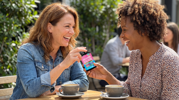 Friend showing collagen bottle to her best friend